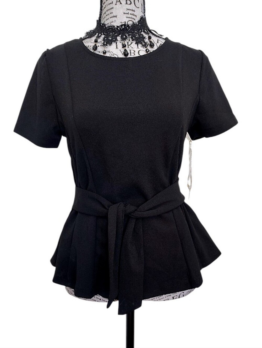 IRIS Black Short Sleeve Peplum Tie Waist Blouse Medium NWT Darkcore  Coquette